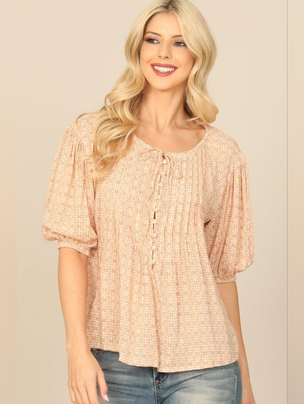 Women's Olivaceous small peasant blouse with ties and buttons